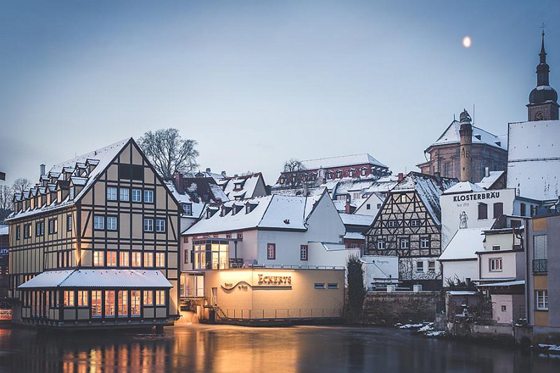 Winter in Bamberg, Schnee und Frost an den oberen Mühlbrücken beim ECKERTS Wirtshaus